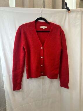 LOFT Red Ribbed V-Neck Cardigan with Jeweled Flower Buttons